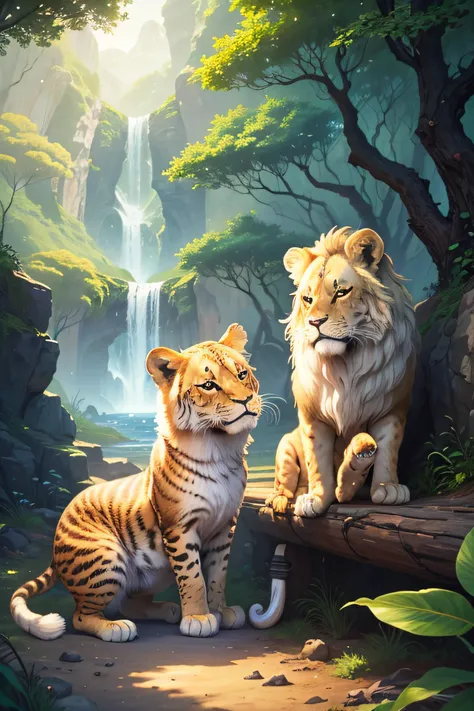 (best quality,4k,highres,masterpiece:1.2),ultra-detailed,realistic,childrens book illustration style,a lion cub in various poses and adventures,expressive facial expressions,adorable,cute and playful,white background,vivid yellow fur color,child-friendly,f...