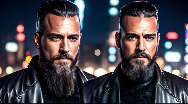 (ultra-detailed,highres,masterpiece:1.2),cyberpunk man with an extremely long beard,anime,long brown leather jacket,detailed beard,detailed hair,sharp beard and hair,sunglasses,light brown skin,black car,Chevy Impala 1967,city at night,sharp-edged