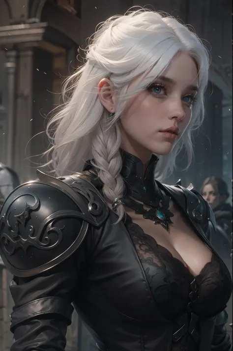 Mulher que lembra a Ciri de The Wicther, com longos cabelos brancos e olhos azuis brilhantes, shes wearing a black suit, seus cabelos chicoteando seu rosto com o vento