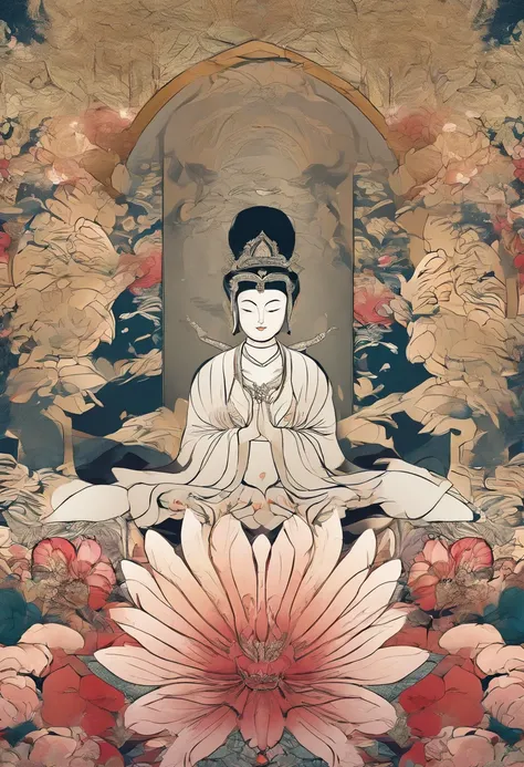 Field with beautiful flowers (close-up cleavage), meditate, Zazen, A meditative (Chinese landscape painting), (ink and watercolor painting), (8k wallpaper), (Light and Shadow Effect), rendering by octane, White balance design, Extremely detailed image repr...