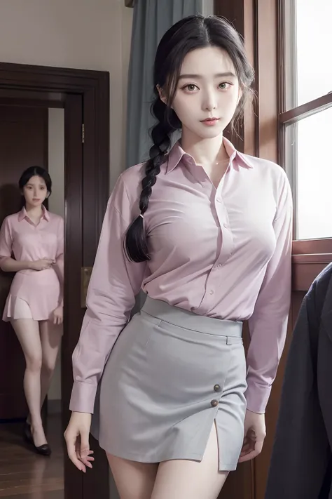 masutepiece, Best Quality, Braids、Five girls in the classroom,(5 people standing:1.2),Standing,20s, Looking at Viewer,l Group shot, harems,nffsw,Underwear,(pantiy),Realistic,OL pose,(Gray suit and pink shirt) ,(Gray tight skirt),(Looking back, ass grab:0.9...