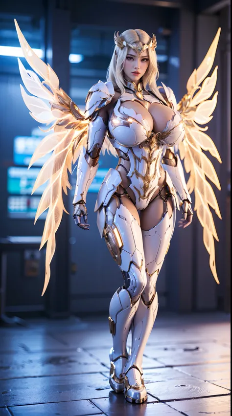 HUGE FAKE BOOBS, (BEAUTIFUL), (GOLD, WHITE), FUTURISTIC PHOENIX ARMOR GEAR, FUTURISTIC MECHA SUIT, (CLEAVAGE), ((LARGEST MECHANICAL PEACOCK WINGS)), (TALL LEGS), FRONT, (STANDING), SEXY BODY, MUSCLE ABS, UHD, 8K, 1080P.