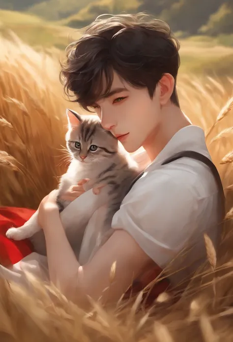 Shaw a little boy in a beautiful and charming landscape，Lying in a wheat field, trending on artstation pixiv, Guviz-style artwork, Very handsome， Guviz, Guweiz on ArtStation Pixiv, Young male human cat，red scales，White hair，Full body photo，birds eyes view，...