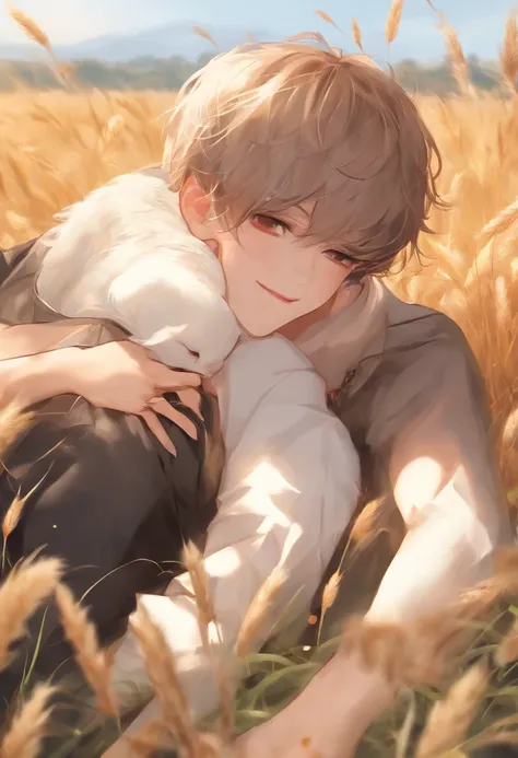 Shaw a little boy in a beautiful and charming landscape，Lying in a wheat field, trending on artstation pixiv, Guviz-style artwork, Very handsome， Guviz, Guweiz on ArtStation Pixiv, Young male human cat，red scales，White hair，Full body photo，birds eyes view，...