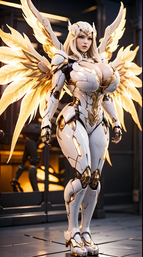 HUGE FAKE BOOBS, (BEAUTIFUL), (GOLD, WHITE), FUTURISTIC PHOENIX ARMOR GEAR, FUTURISTIC MECHA SUIT, (CLEAVAGE), ((LARGEST MECHANICAL GODDESS WINGS)), (TALL LEGS), FRONT, (STANDING), SEXY BODY, MUSCLE ABS, UHD, 8K, 1080P.