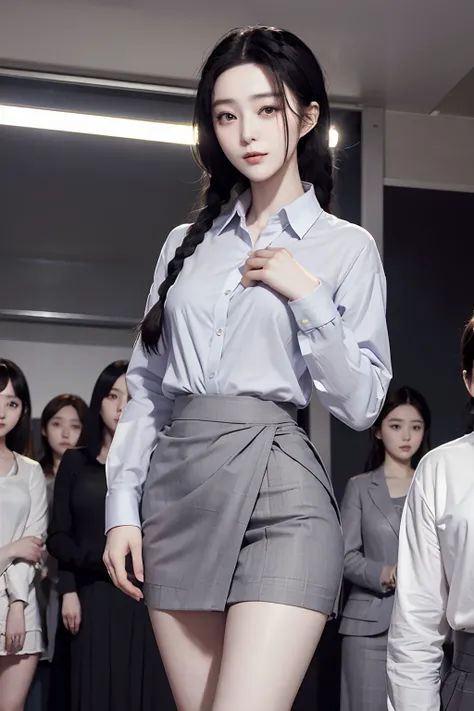 masutepiece, Best Quality, Braids、Five girls in the classroom,(5 people standing:1.2),Standing,20s, Looking at Viewer,l Group shot, harems,nffsw,Underwear,(pantiy),Realistic,OL pose,(Gray suit and black shirt) ,(Gray tight skirt),(Looking back, ass grab:0....