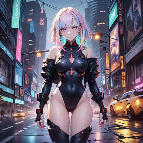 lucy, asymmetrical hair, cyberpunk, cyborg, gradient hair, medium hair, multicolored hair, parted bangs, pink hair, (white hair:1.2), (pink eyes:1.5), (pink eyes:1.5), bare hips, bodysuit, jacket, leotard, monowire, off shoulder, off-shoulder jacket, open ...