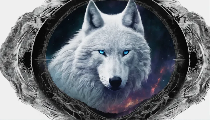 （White wolf in a circle of colorful dream pickups），"Design de camiseta com silhueta circular de rosto de lobo, crescente, e estrelas no，Globos oculares azuis brilhantes