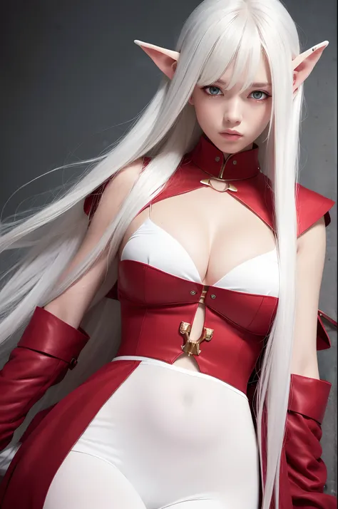 (masterpiece:1), (best quality:1), 1girl, upper body, long hair, (white hair, red eyes:1.2), oversized clothes, elf, steampunk