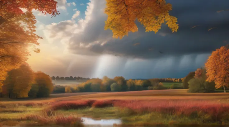 Ultra Realistic Photography of a softly rain falling on the meadow, Autumn trees Serenade the clouds with their colors, ultra hd, realistic, vivid colors, highly detailed, UHD drawing, pen and ink, perfect composition, beautiful detailed intricate insanely...