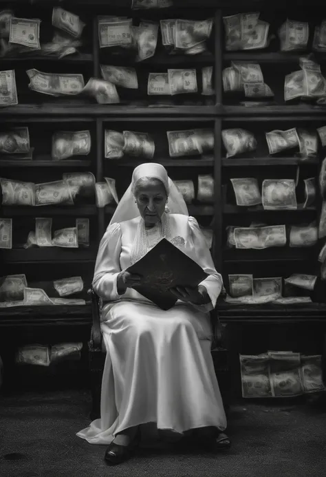 Una mujer luchando contra el dinero, オイル, Pinceladas duras, Dramatic lighting, intense expression, Ojos decididos, closed fists, sudor goteando por su cara, Traje arrugado, cadenas rotas, Crumbling dollar bills, Crumbling stock market chart, Humo que se el...