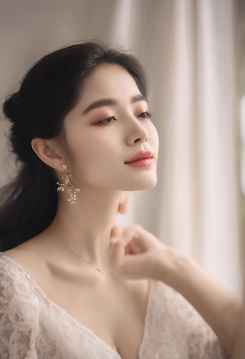 Highest Quality, Ultra-high resolution, Delicate skin, Ultra-detailed, Gentle and beautiful woman, Half-length photo, Exquisite and sexy collarbone, charming oval face, Double eyelids, Smart peach blossom eyes, Pink lips, small nose, Fragrance Shoulder, Fo...