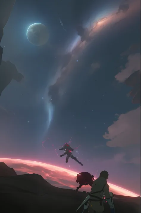 female drifting in space viewing from planet atmosphere  botw style