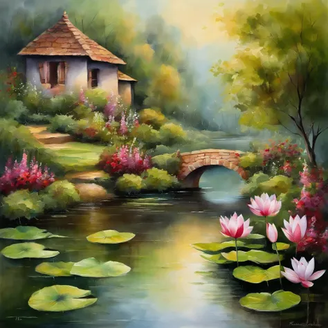 #image a cottage and fish pond with lotus, peaceful atmosphere,clear reflections,tranquil environment,lotus flowers in bloom,beautiful detailed eyes,subtle smile,calm and serene expression,water ripples in the pond,delicate shadows and highlights on the co...