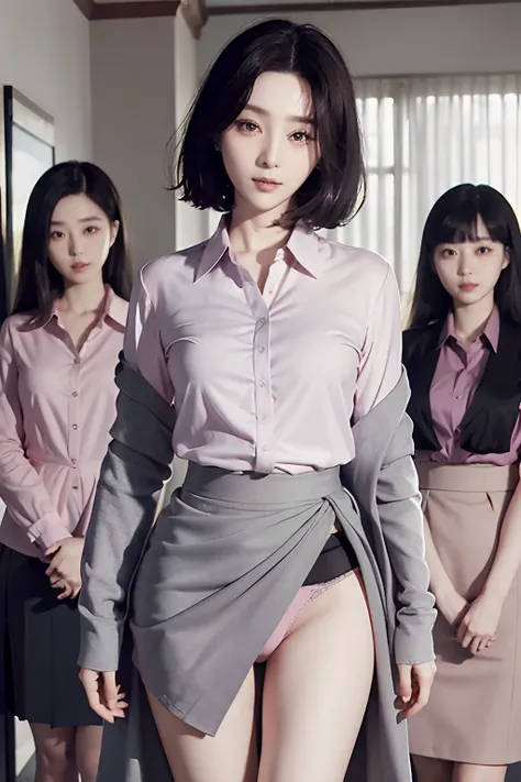 masutepiece, Best Quality, bob cuts、Five girls in the classroom,(5 people standing:1.2),Standing,20s, Looking at Viewer,l Group shot, harems,nffsw,Underwear,(pantiy),Realistic,OL pose,(Gray suit and pink shirt) ,(Gray tight skirt),(Looking back, ass grab:0...