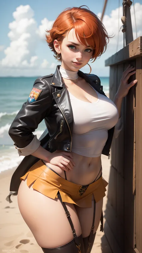 gwen tennyson,tracer,bulma,rebecca chambers,pirate outfit,beach,teenager, green eyes,pearl earrings,tight micro skirt,garter belt,thigh high boots,striped panties,short hair,orange hair,pirate ship,shy smile,wet shirt,white striped top,freckles,redhead,pir...