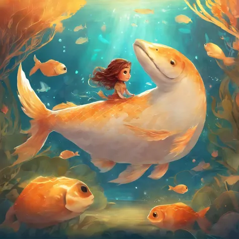 uma menina, descobre um peixinho olhando para dentro de um lago, o peixe era dourado,  the brightest hed ever seen.havia um peixinho com grandes olhos redondos e um sorriso contagiante, cor dourado ,a beautiful artwork illustration, , adorable digital art,...