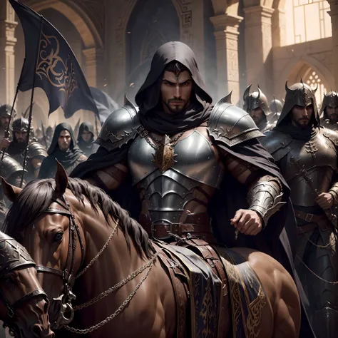 Castlevania lord of the shadows hyper realistic Super detailed muscular moroccan Islamic warrior wearing Armor and leather leading army of demons to battle médiéval battle