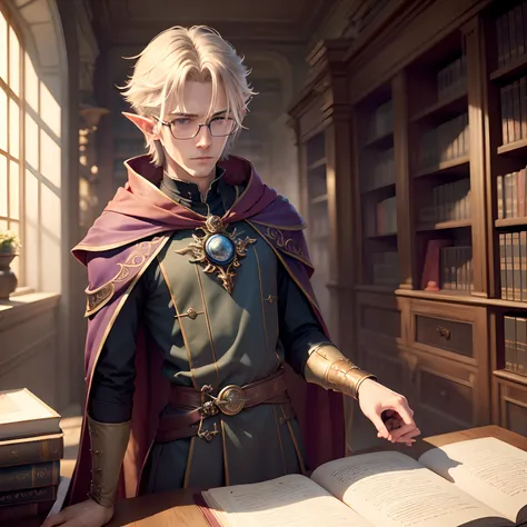 exceptional, best aesthetic, new, newest, best quality, masterpiece, extremely detaile),watercolor,male focus,1boy,mage,wizard,elf,inroom,library ,night,fantasy,brond hair,slender,glasses,flat,Unmi-pure,Kojima Fumi