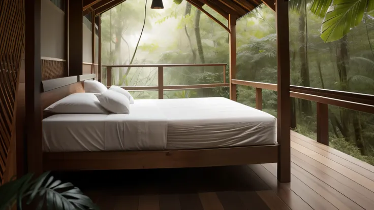 Por favor, It generates an image that represents a conventional bed placed under a rustic roof in the middle of a lush forest during a gentle rain. The roof can be made of wood or straw and should be placed strategically to protect the bed from rain. El am...