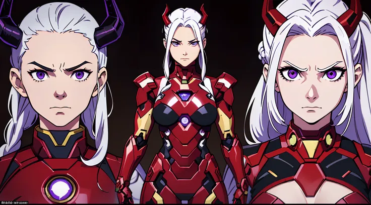 (Masterpiece, best quality), detailed, character sheet, many items (the same person, black demon horns, Iron man Black suit, many parts), detailed purple eyes, detailed face, Serious face, different expressions, small boobs, B cup, white hair and white ski...