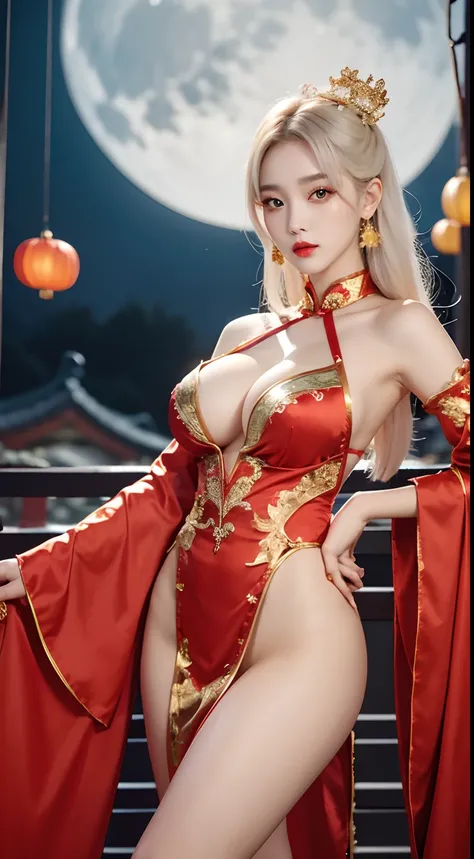 Detailed faces, Clear face, Beautiful Girl, Korean makeup, Red lips, Platinum hair, medium body, big breasts, thigh, Chinese fairy costume, Antique, sexy outfits,Yellow costume, Mid-Autumn Festival decoration, moon background mode.