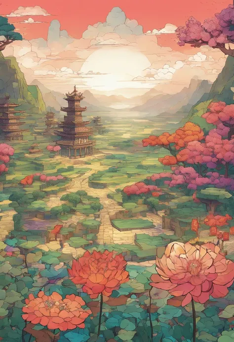 Field with beautiful flowers (close-up cleavage), meditate, Zazen, A meditative (Chinese landscape painting), (ink and watercolor painting), (8k wallpaper), (Light and Shadow Effect), rendering by octane, White balance design, Extremely detailed image repr...