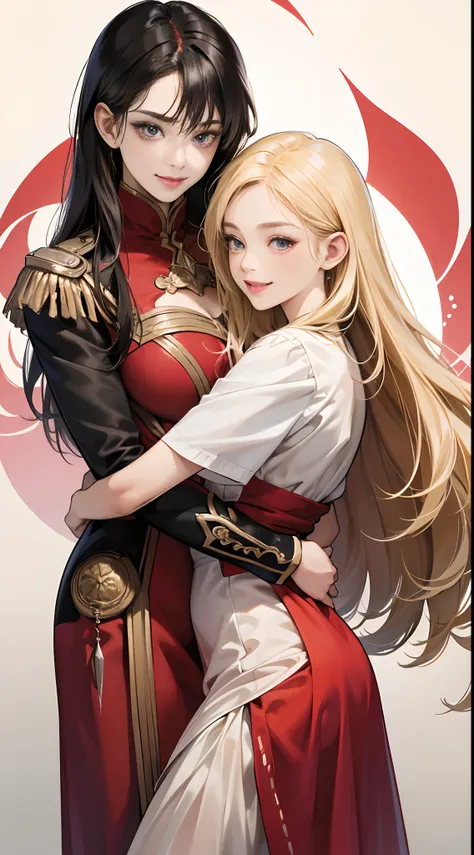 (Best Quality,4K,High resolution),2 girls in(18yo woman, Long hair, Straight hair，Woman glaring with sharp eyes with red-black highlight hair，Smiling woman with blonde hair and petite body，), Look at viewers，Details of delicate illustrations，Realistic port...