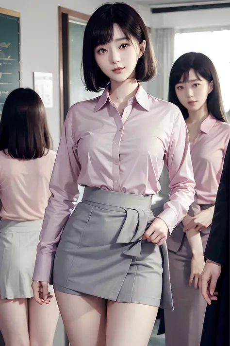 masutepiece, Best Quality, bob cuts、Five girls in the classroom,(5 people standing:1.2),Standing,20s, Looking at Viewer,l Group shot, harems,nffsw,Underwear,(pantiy),Realistic,OL pose,(Gray suit and pink shirt) ,(Gray tight skirt),(Looking back, ass grab:0...