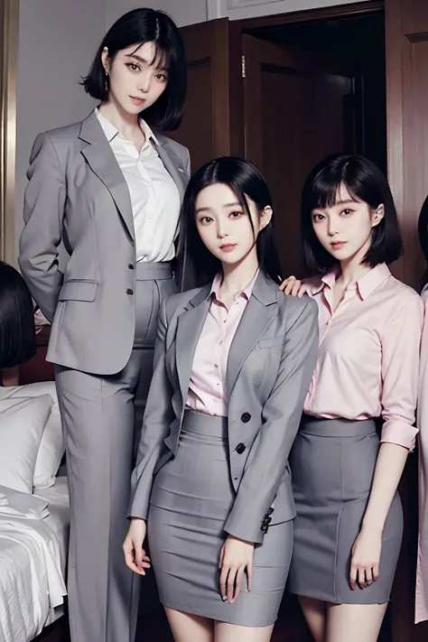 masutepiece, Best Quality, bob cuts、Five girls in the classroom,(5 people standing:1.2),Standing,20s, Looking at Viewer,l Group shot, harems,nffsw,Underwear,(pantiy),Realistic,OL pose,(Gray suit and pink shirt) ,(Gray tight skirt),(Looking back, ass grab:0...