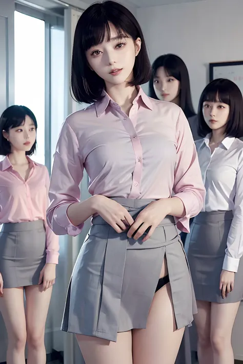 masutepiece, Best Quality, bob cuts、Five girls in the classroom,(5 people standing:1.2),Standing,20s, Looking at Viewer,l Group shot, harems,nffsw,Underwear,(pantiy),Realistic,OL pose,(Gray suit and pink shirt) ,(Gray tight skirt),(Looking back, ass grab:0...