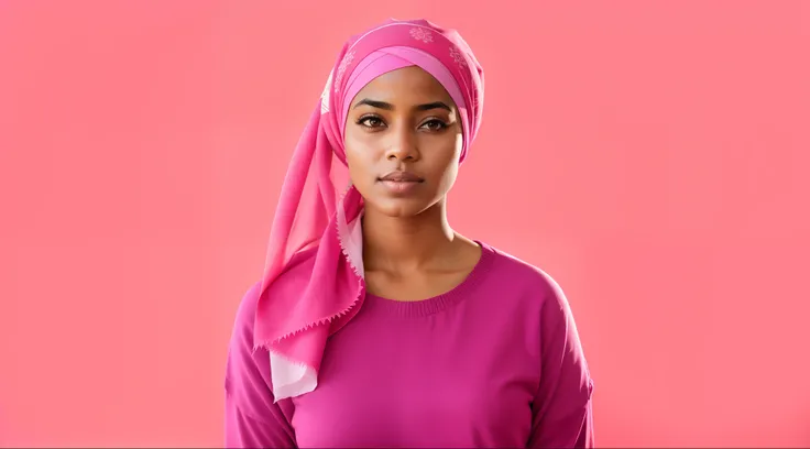 Arafed woman in a pink shirt and a pink scarf, wearing a pink head band, wearing a headscarf, turbante, Muslim, head scarf, usando um turbantete, young middle eastern woman, cloth head wrap, Hijab, beautiful female, Diferente, Foto de uma mulher, rosa vibr...