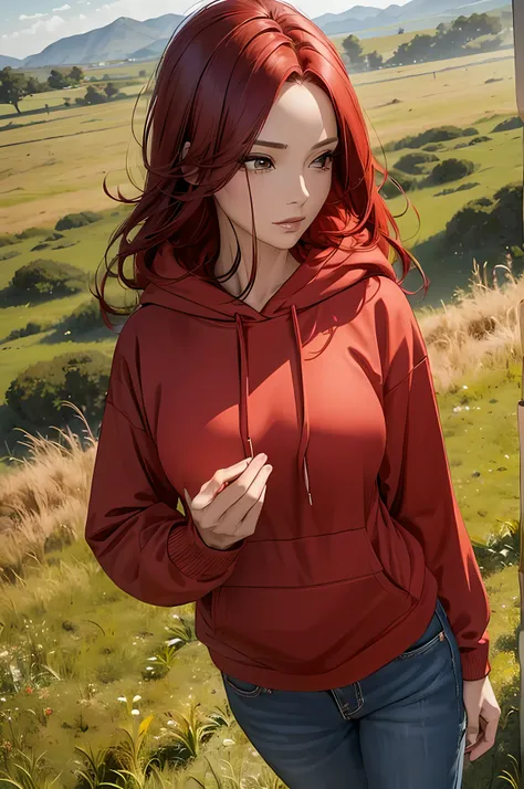 A beautiful woman, red color hair, (( grassland background)), (( hoodie, blouse ,perfect body figure, beautiful face, age 46, royal, calm)), breeze, cap