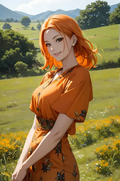 A beautiful woman, orange color hair, (( grassland background)), (( beautiful clothes, blouse ,perfect body figure, beautiful face, age 46, royal, smile)), breeze, strawhat