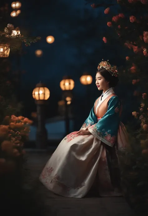 Best quality, haut_resolution, distinct_Image, detailed background ,fille, Hanbok,fleur,jardin,lune, Nuit,dutch angle, Plan large, couronne,