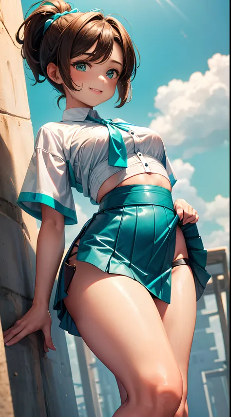 1womanl,12year old,Brown hair,Beautiful ponytail hairstyle, (Teal High Waist Mini Skirt:1.3),, (whiteshirt:1.3), (double-breasted,Underbust:1.2), Short sleeves, buttonGap,A smile,small tits,Sweaty shirt,