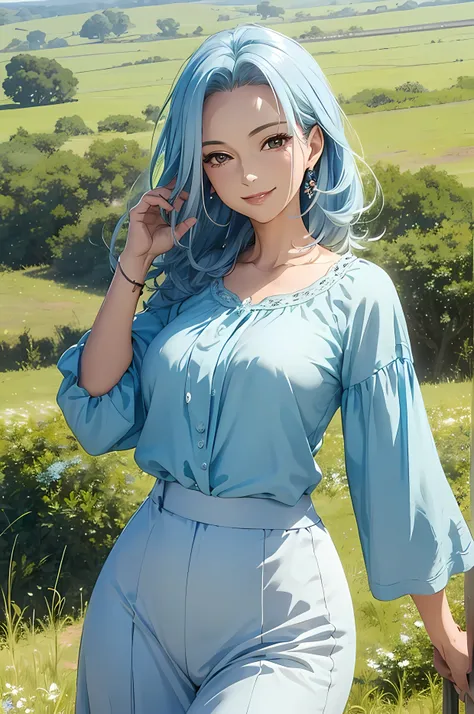 A beautiful woman, soft blue color hair, (( grassland background)), (( beautiful blouse ,perfect body figure, beautiful face, age 46, royal, smile)), breeze, strawhat, river