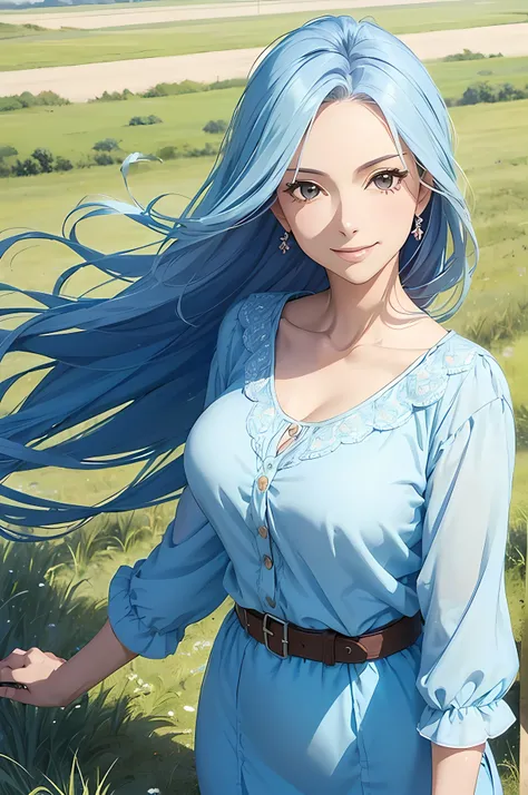 A beautiful woman, soft blue color hair, (( grassland background)), (( beautiful blouse ,perfect body figure, beautiful face, age 46, royal, smile)), breeze, strawhat, river