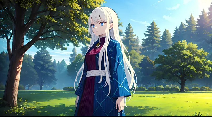 Masterpiece, Best Quality, 1Girl, Solo, Very long hair, white hair, Blue Haori with pattern, Light Blue eyes, Demon Slayer, cinematic light, outdoors, tree, blue sky