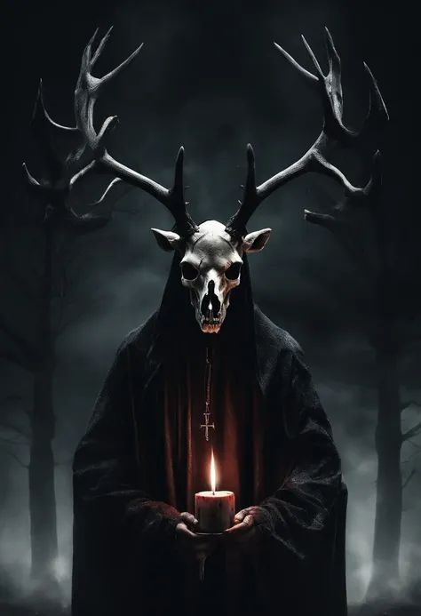 (a person wearing a black hooded robe and a satanic deer skull,a wax candle),(best quality,highres,gloomy,horror,satanic,dark color scheme),dimly lit thunderstorm background, storm clouds, lightning, gloomy atmosphere,flickering candle light,creepy vibes,d...