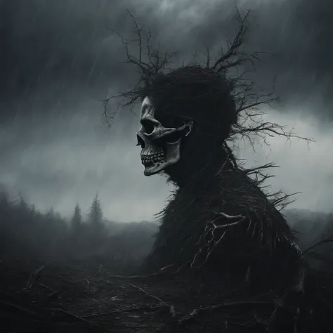 (best quality,4k,8k,highres,masterpiece:1.2),ultra-detailed,(realistic,photorealistic,photo-realistic:1.37),mummy,black robe,thunderstorm,pine forest,night,creepy,dark vibes,horror,haunting,ominous,menacing,dread,lightning,branches,shadows,windy,stormy,mis...