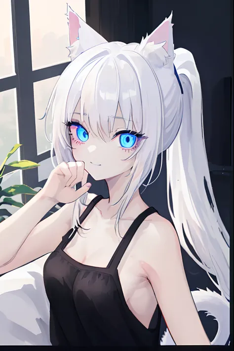 cutes 1girl, cat girl, ganzkürper, Smileing, lange Haare, white hair with light blue ends, breiter Ponytail, big red eyes, pretty cat ears and white cats tail, schwarzes tank top, blaue kurze jogginghose,, schaut den Betrachter an, best qulaity, hight reso...