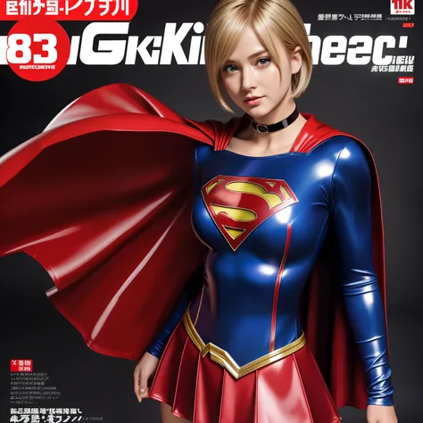 (best quality,4k,8k,highres,masterpiece:1.2),ultra-detailed,realistic:1.37,a masterpiece,Short-haired Supergirl、large full breasts、Looking at the camera、Glossy costume、a choker、Too short miniskirt、Shiny bright red enamel boots、Magazine covers、Shonen Magazi...