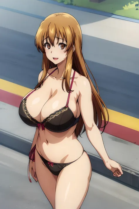 (huge tits),  (sexy panties, bra), best quality, (masterpiece:1.2), highly detailed, street, 1girl, kotegawa nanaka, looking at viewer, slight smile, open mouth, brown eyes, brown hair, (single hair bund), bikini, cleavage, busty