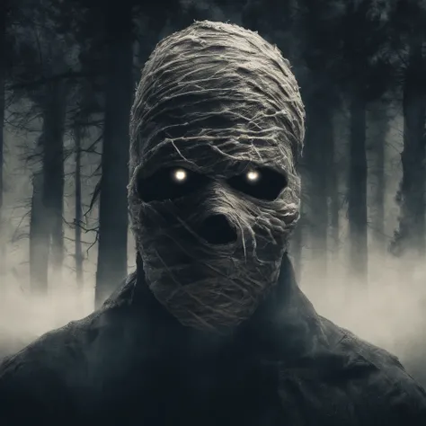 make me a cinematic cover art for a hit single featuring a close up shot of a mummy with bandages covering his entire face and shadowy scary eyes with a cinematic foggy pine forest background