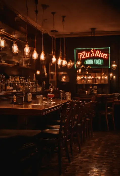 drink na mesa de um restaurante muito elegante vintage jazz ao fundo luz neon