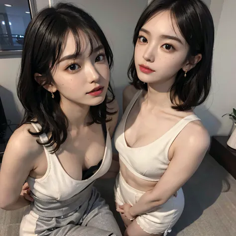 (((yuri))), (((((2 girls))))), (((very huge round breasts))), (((((full body shot))))), (short hair), (wavy hair), ((((suit)))), midriff peek, (sleeveless), absurdres, RAW photo, extremely delicate and beautiful, masterpiece, Best Quality, ultra high resol...