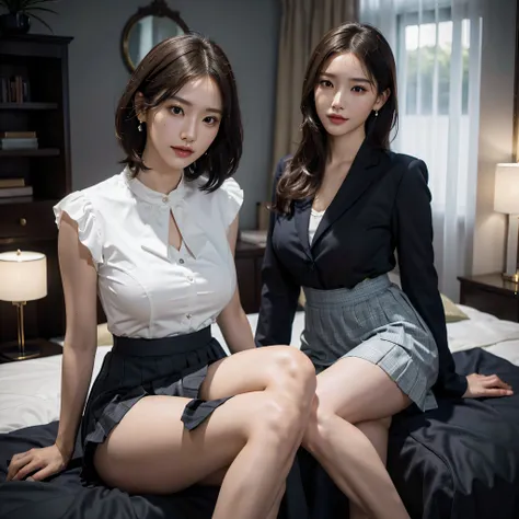 (yuri), (2 girls), (((very huge round breasts))), (full body shot), short hair, wavy hair, (((skirt suit))), office, absurdres, RAW photo, extremely delicate and beautiful, masterpiece, Best Quality, ultra high resolution, 16k, hyperrealistic, ultra-detail...