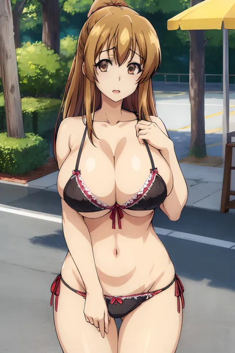 (huge tits),  (sexy panties, bra), (single hair bund hair style), best quality, (masterpiece:1.2), highly detailed, street, 1girl, kotegawa nanaka, looking at viewer, slight smile, open mouth, brown eyes, brown hair, bikini, cleavage, busty