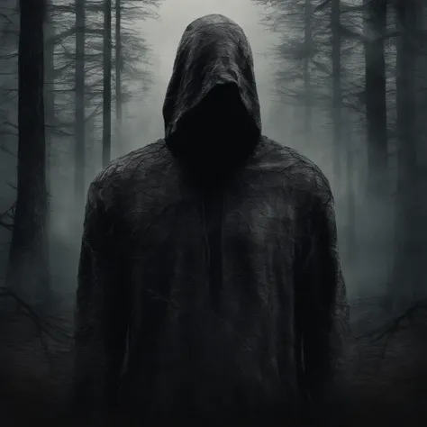 make me a cinematic cover art for a hit single featuring a close up shot of a mummy wearing a black hoodie over bandages covering his entire face and shadowy scary eyes with a cinematic foggy pine forest background